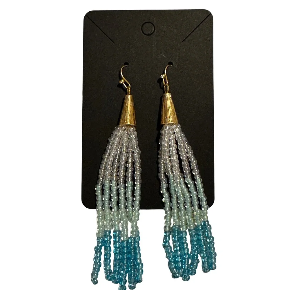 Blue Ombre Seed Bead Tassel Dangle Earrings Gold Tone Boho Long Fringe Drop